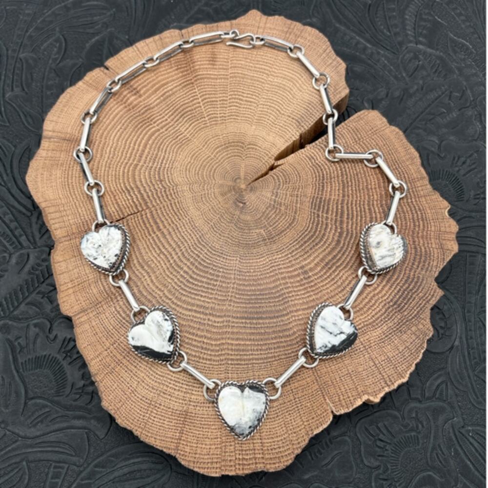 BUFFALO DANCER Taos Pueblo Sterling Silver White Buffalo Heart Station Necklace
